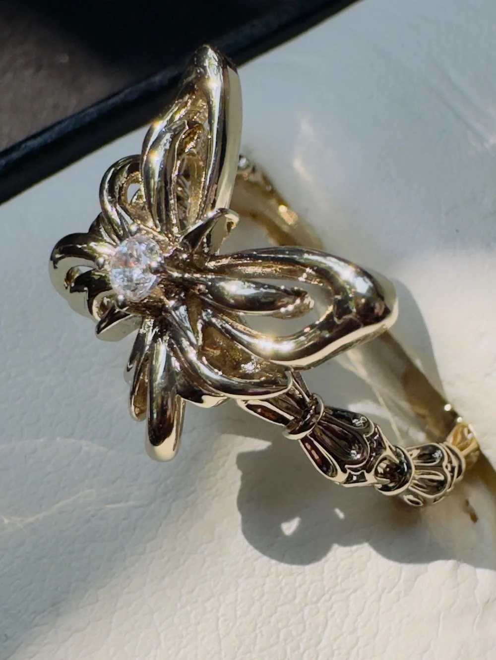 Gold Butterfly Ring with Clear Center Stone